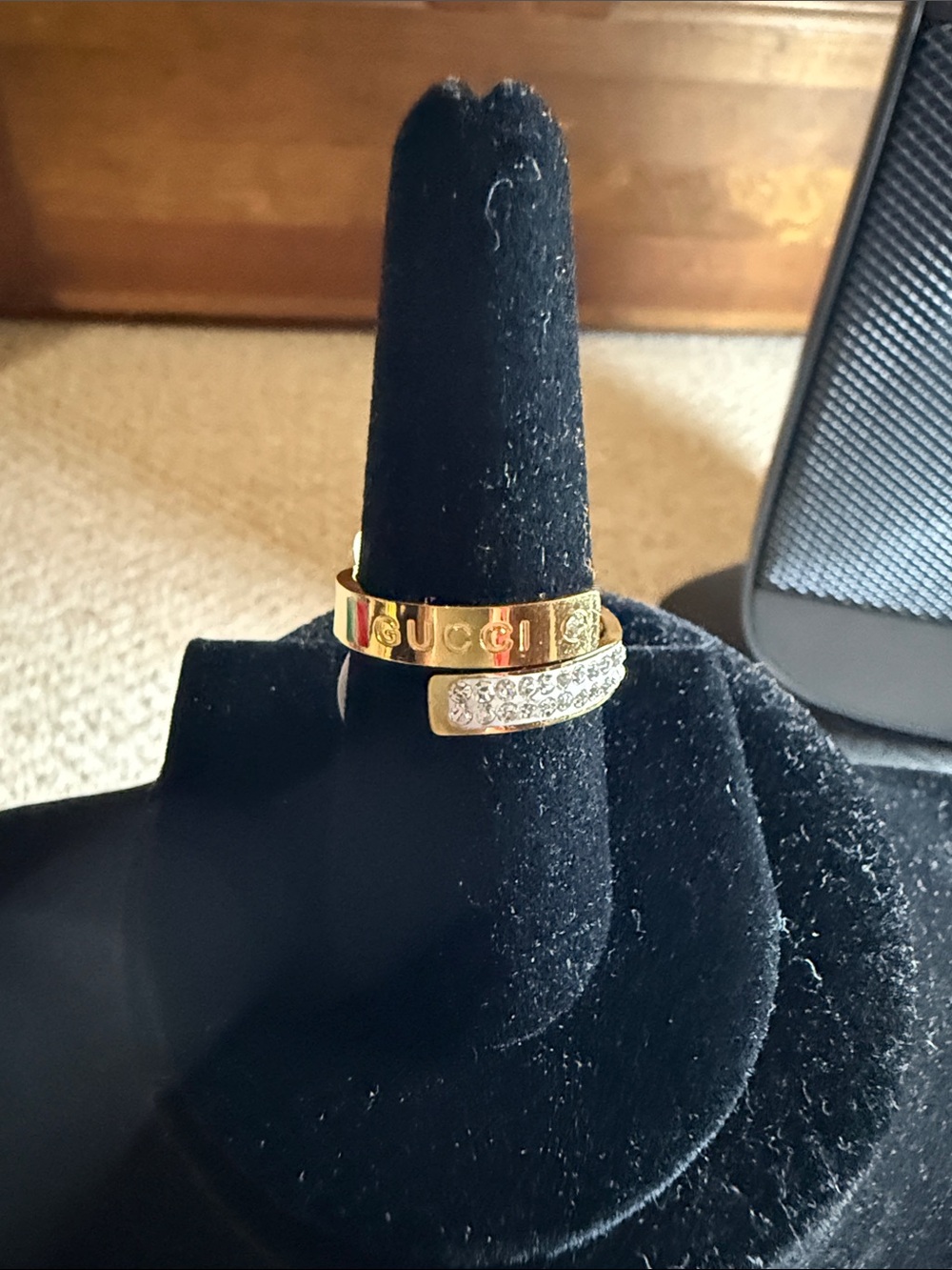 Gold Tone Women's Logo-Engraved Ring with Crystal Accent